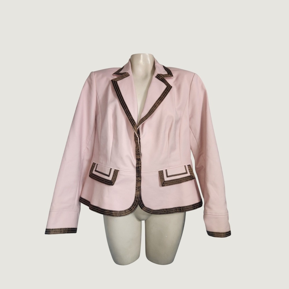Nygard Collection Pink Blazer Metallic Bronze Trim Animal Print Size 14 Womens
